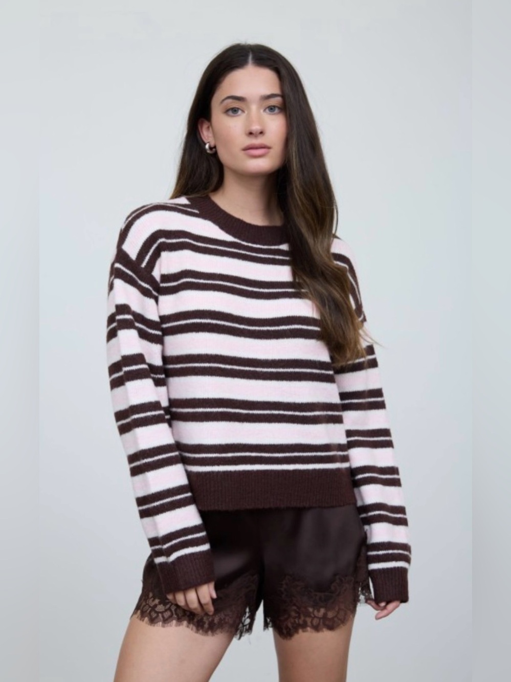 Striped Crewneck Sweater in Pink and Brown
